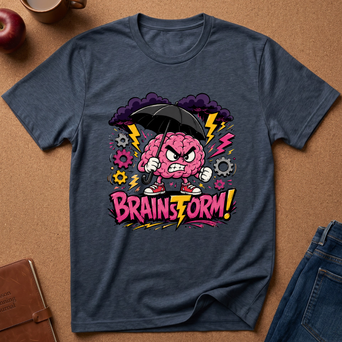 A navy blue graphic t-shirt laid flat on a brown cork background, featuring a cartoon angry pink brain holding a black umbrella with the text 'BRAINSFORM!' in pink and yellow. Styled flat-lay props include an apple, a coffee mug, a notebook, and blue jeans.