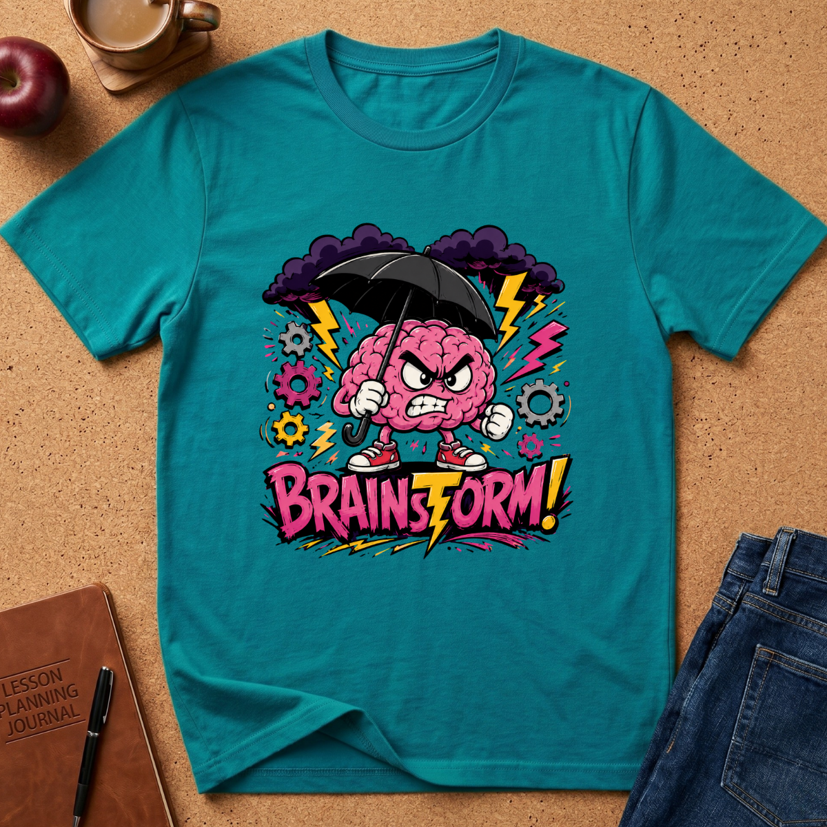 A teal short-sleeve graphic T-shirt laid flat on a cork surface, featuring a cartoon angry pink brain holding a black umbrella with the text 'BRAINSTORM!' in bold pink and yellow. Surrounding props include a coffee cup, apple, notebook, pen, and jeans.