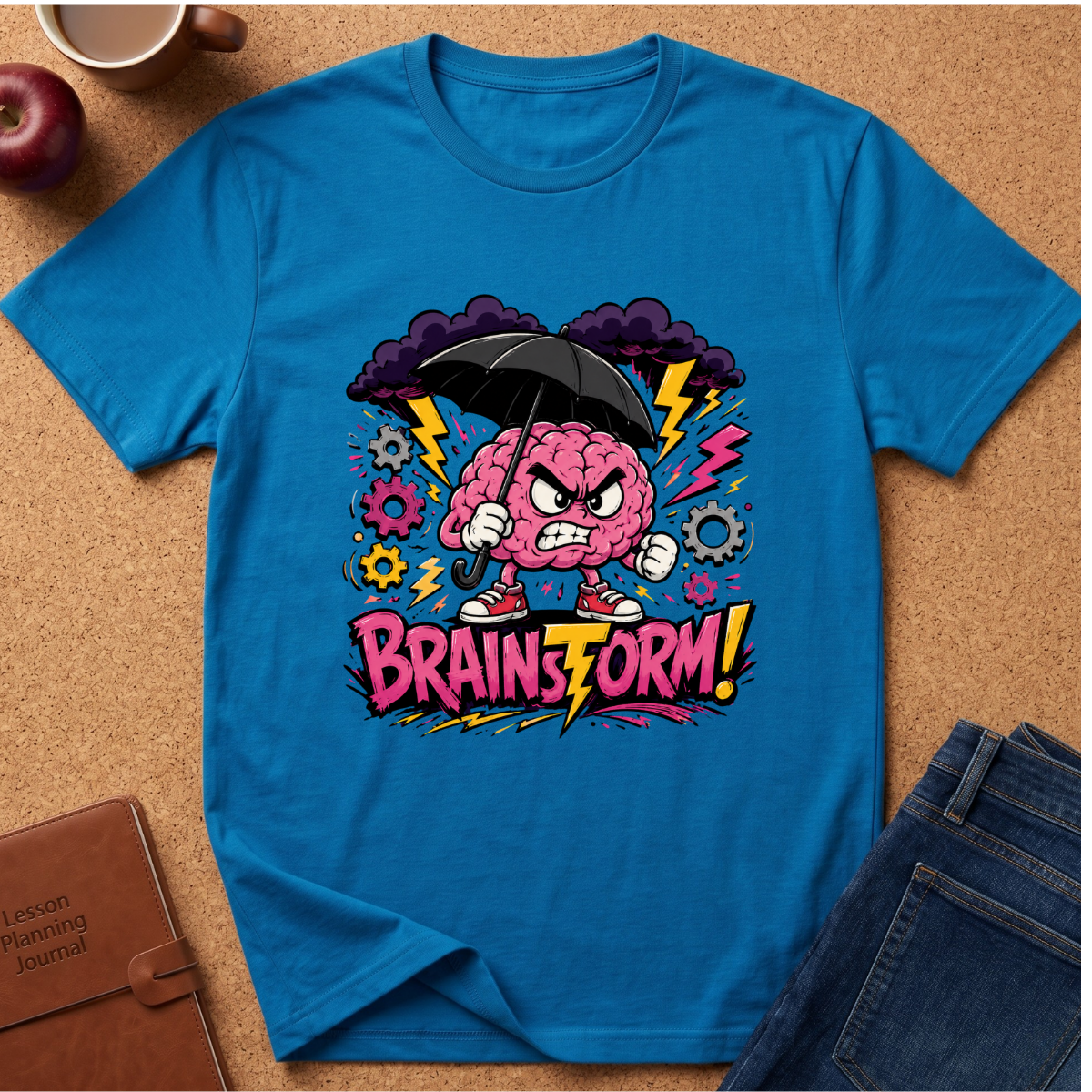 A bright blue short-sleeve graphic T-shirt laid flat on a cork surface, featuring a cartoon angry pink brain holding a black umbrella with lightning bolts, gears, and the text 'BRAINSTORM!' in pink and yellow. Surrounding props include an apple, a coffee mug, a brown journal, and folded blue jeans.