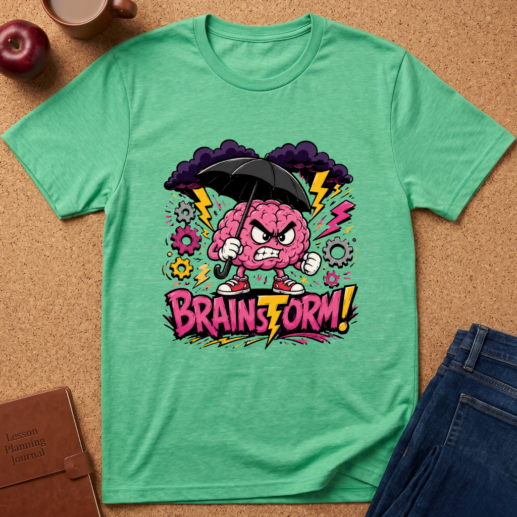 A mint green short-sleeve t-shirt laid flat on a cork background, featuring a colorful graphic of an angry pink brain holding a black umbrella with the text 'BRAINSFORM!'.