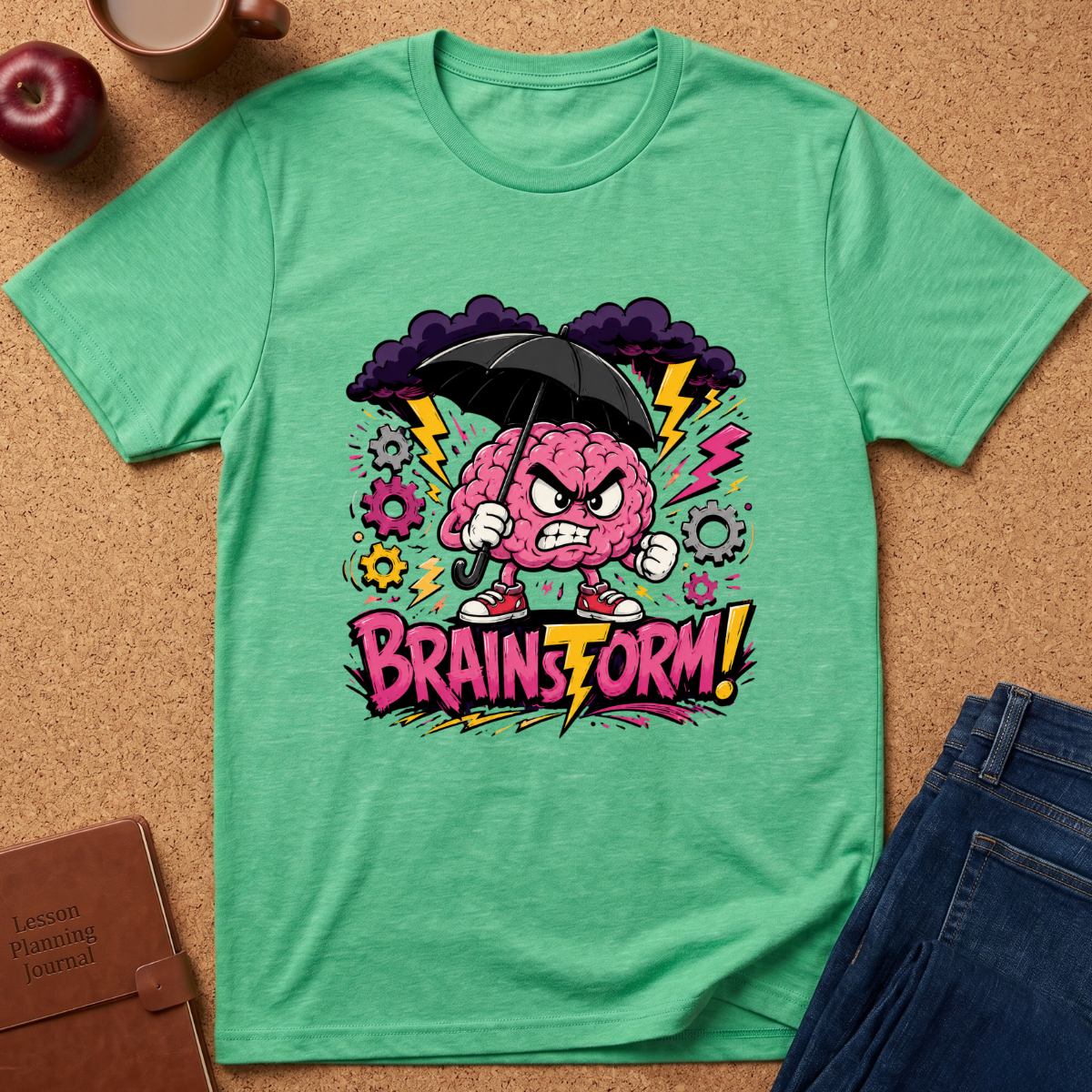 A mint green short-sleeve t-shirt laid flat on a cork background, featuring a colorful graphic of an angry pink brain holding a black umbrella with the text 'BRAINSFORM!'.