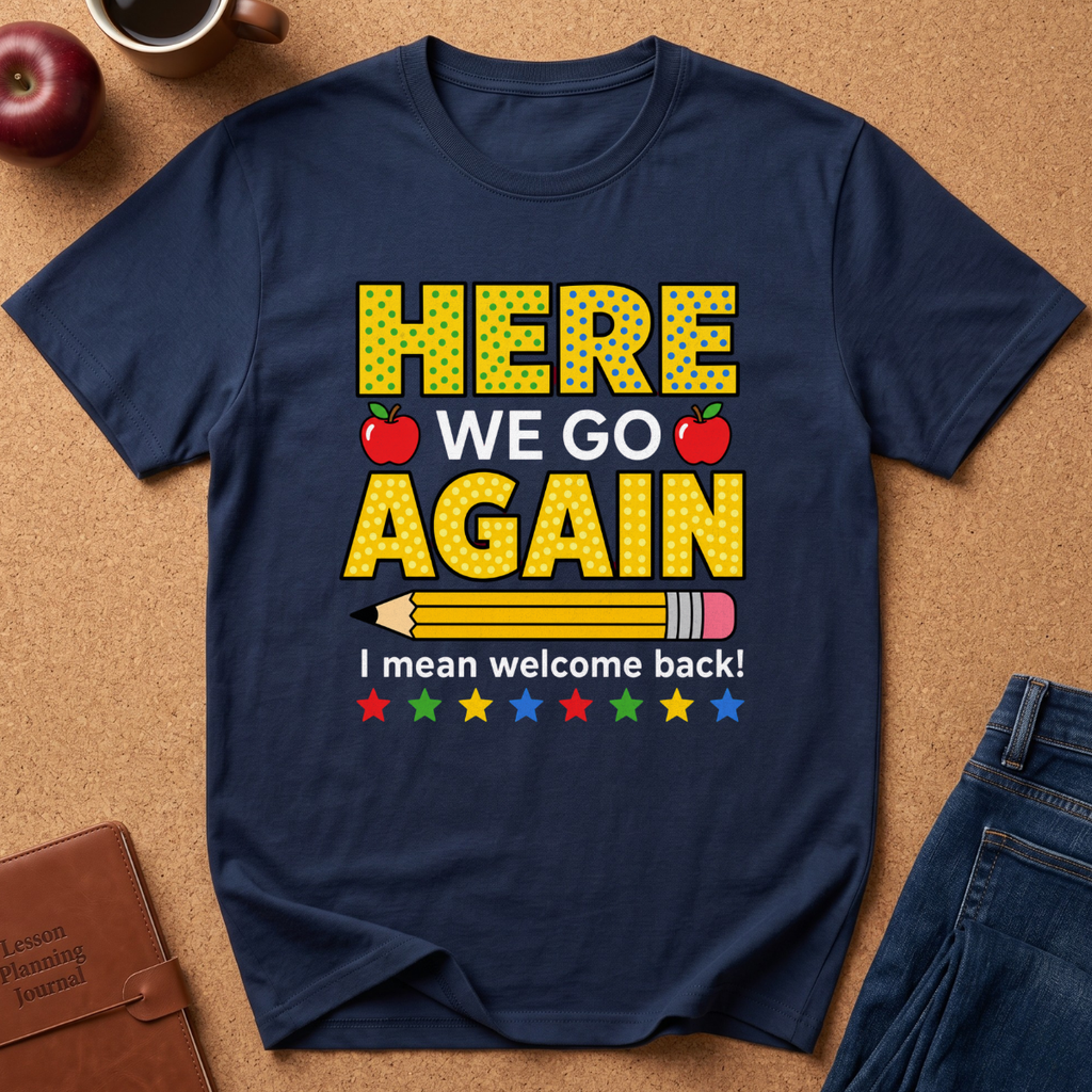A navy blue graphic t-shirt laid flat on a brown cork background, surrounded by lifestyle props including an apple, a coffee mug, a leather journal, and blue jeans. The shirt features a school-themed graphic that reads 'HERE WE GO AGAIN I mean welcome back!' with yellow polka-dot letters, red apples, a yellow pencil, and colorful stars.