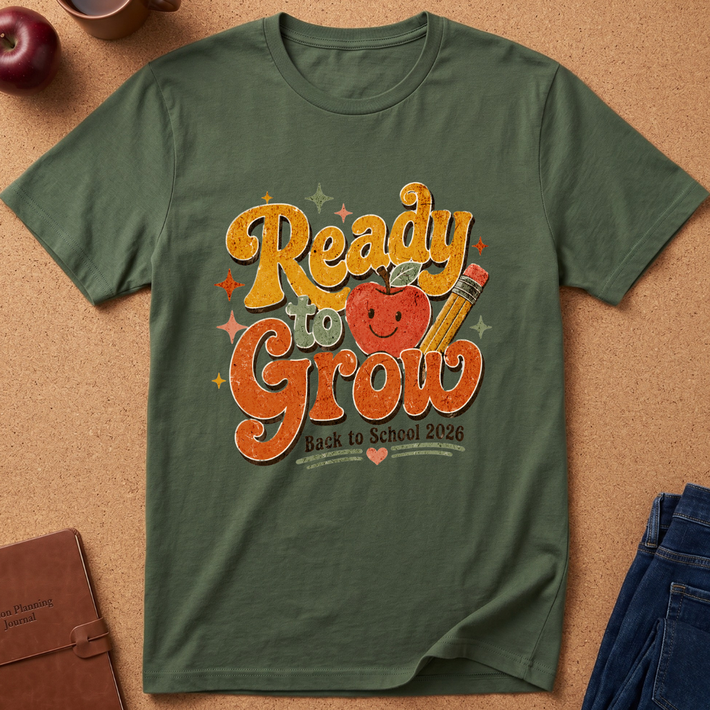 An olive green short-sleeve t-shirt laid flat on a cork background, featuring a colorful retro graphic that reads 'Ready to Grow Back to School 2026' with an apple and pencil illustration. Decorative props like an apple, notebook, and jeans are partially visible around the shirt.
