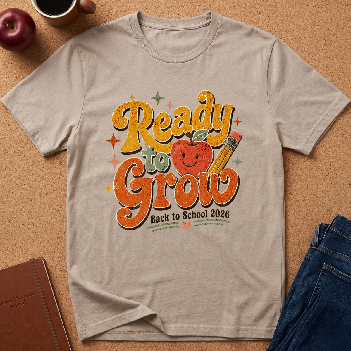 A light beige graphic t-shirt laid flat on a cork background, featuring a retro-style 'Ready to Grow Back to School 2026' design with an apple and pencil. Styled flat-lay props include an apple, coffee cup, notebook, and jeans.