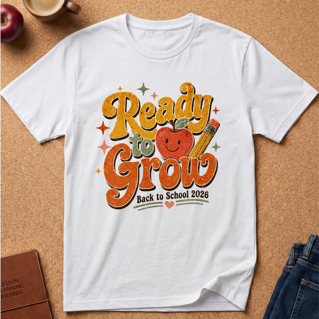 A white short-sleeve graphic T-shirt laid flat on a cork surface, featuring a colorful retro-style 'Ready to Grow Back to School 2026' design with an apple, pencil, and stars. Partial props including an apple, coffee cup, journal, and jeans are visible around the shirt.