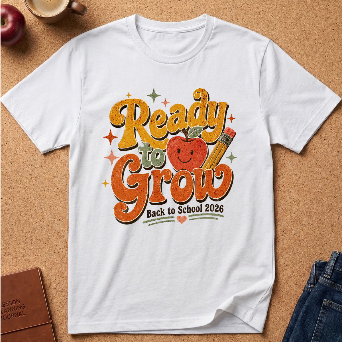 A white short-sleeve graphic T-shirt laid flat on a cork surface, featuring a colorful retro-style 'Ready to Grow Back to School 2026' design with an apple, pencil, and stars. Partial props including an apple, coffee cup, journal, and jeans are visible around the shirt.