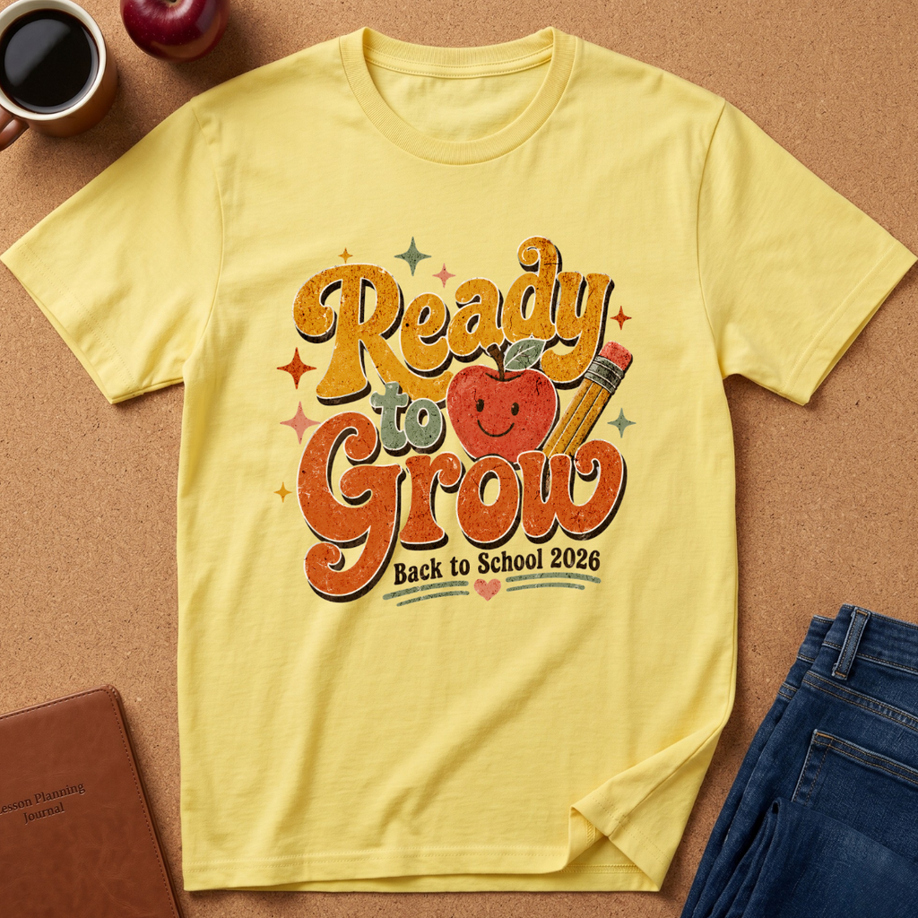 A light yellow graphic t-shirt laid flat on a cork background, featuring a retro-style 'Ready to Grow Back to School 2026' design with an apple and pencil. Styled flat-lay props include a coffee mug, an apple, a notebook, and blue jeans.