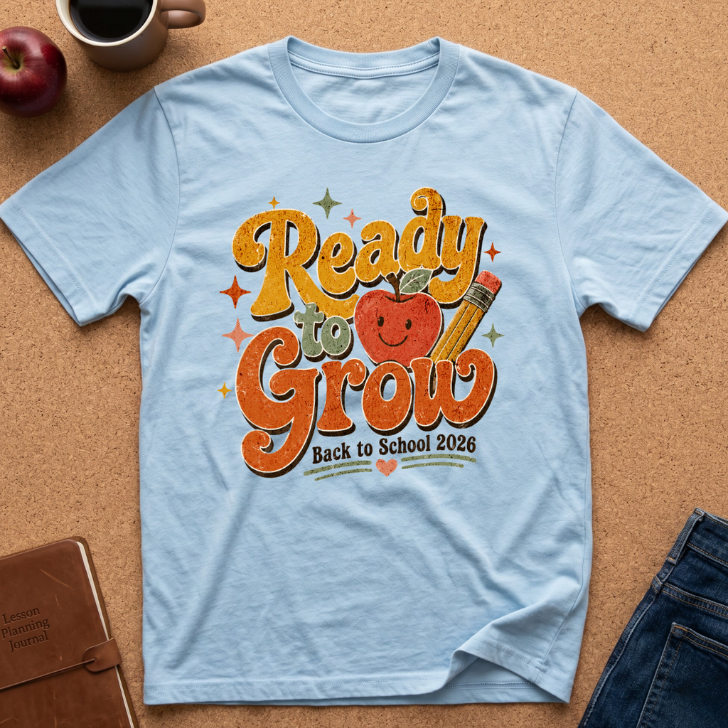 A light blue short-sleeve t-shirt laid flat on a cork background, featuring a colorful retro-style 'Ready to Grow Back to School 2026' graphic with an apple, pencil, and stars. Styled flat-lay props include a coffee mug, an apple, a notebook, and jeans.