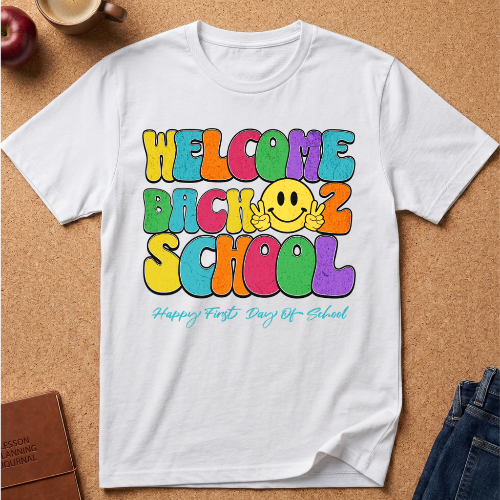 A white short-sleeve T-shirt laid flat on a cork surface, printed with colorful retro-style text reading 'WELCOME BACK 2 SCHOOL' and a yellow smiley face, plus smaller teal script text below. Partial props around the shirt include an apple, a mug, a notebook, and jeans.
