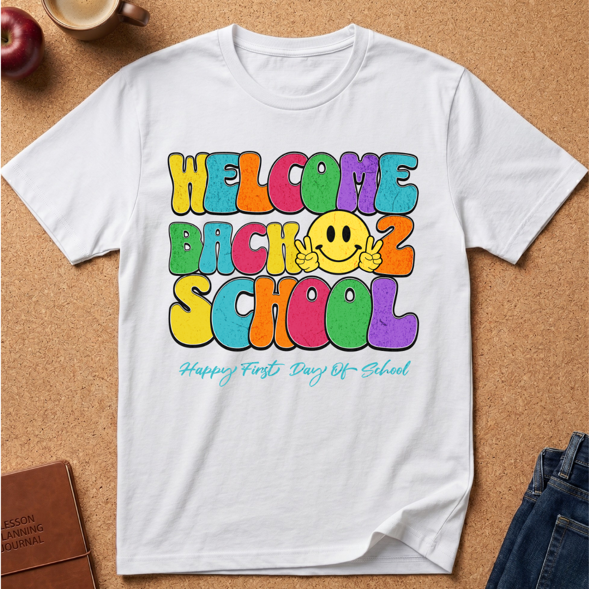 A white short-sleeve T-shirt laid flat on a cork surface, printed with colorful retro-style text reading 'WELCOME BACK 2 SCHOOL' and a yellow smiley face, plus smaller teal script text below. Partial props around the shirt include an apple, a mug, a notebook, and jeans.