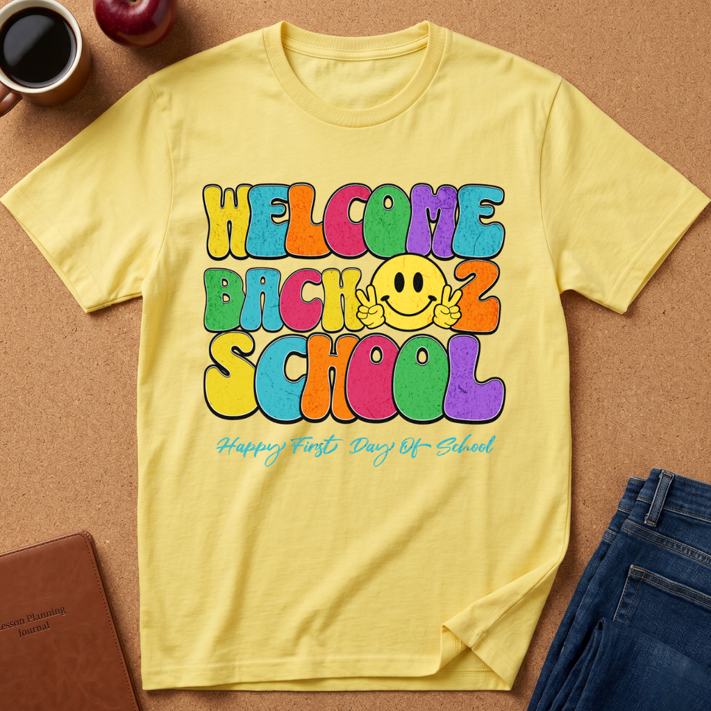 A yellow short-sleeve t-shirt laid flat on a cork background, featuring a colorful retro-style graphic that reads 'WELCOME BACK 2 SCHOOL' with a smiling face and the phrase 'Happy First Day of School' underneath. Styled flat-lay props include a coffee mug, apple, notebook, and jeans.