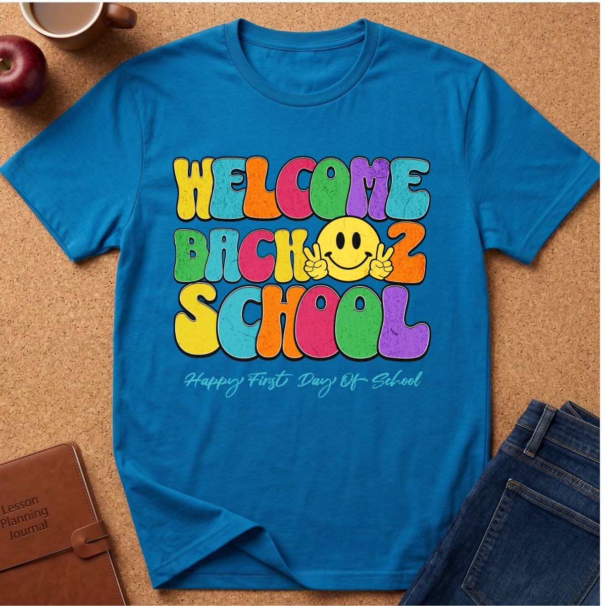 A bright blue graphic t-shirt laid flat on a cork background, featuring a colorful retro-style 'WELCOME BACK 2 SCHOOL' design with a yellow smiley face and the phrase 'Happy First Day Of School' underneath. Styled flat-lay props include a brown leather journal, an apple, a coffee cup, and blue jeans.