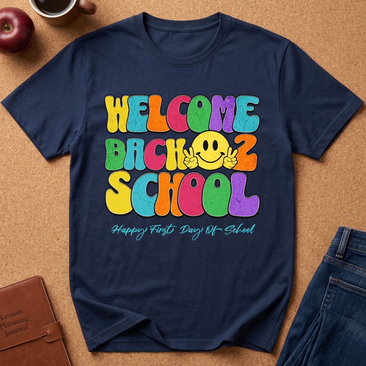 A navy blue graphic t-shirt laid flat on a brown cork background, featuring a colorful retro-style 'WELCOME BACK 2 SCHOOL' design with a yellow smiley face and the text 'Happy First Day Of School' underneath. Props like an apple, coffee cup, and jeans are visible around the shirt.