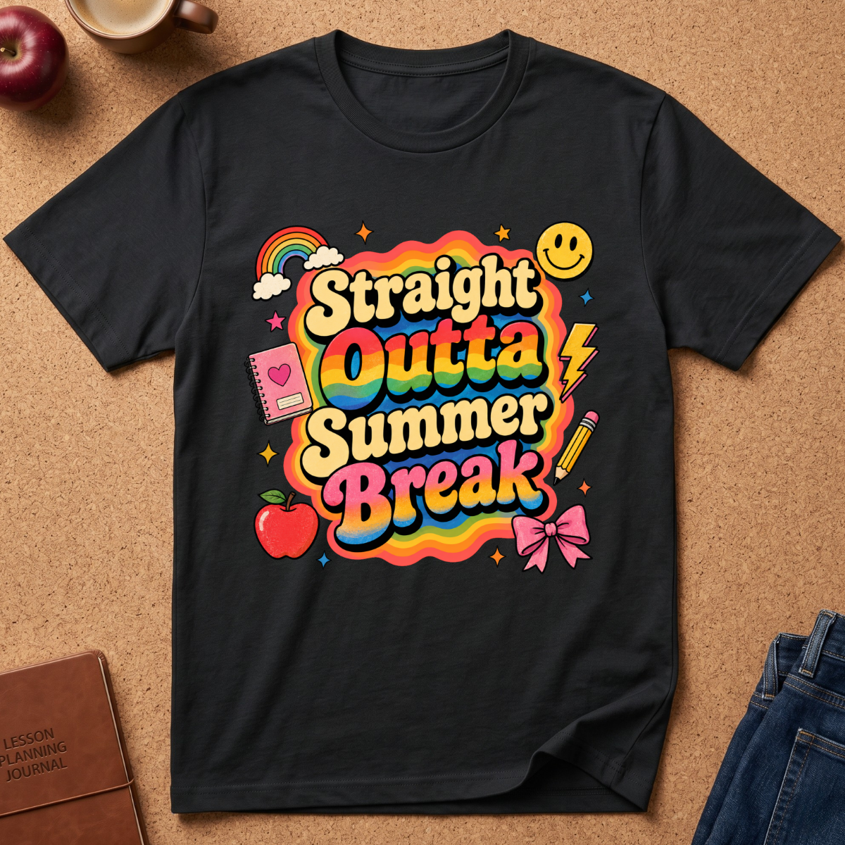 A black short-sleeve graphic T-shirt laid flat on a cork surface, featuring the phrase 'Straight Outta Summer Break' in colorful retro bubble letters with rainbow, yellow smiley face, lightning bolt, notebook, apple, pencil, and bow details. Partial props including an apple, mug, journal, and jeans are visible around the shirt.