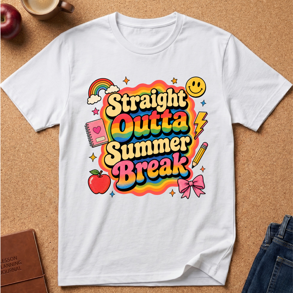 A white short-sleeve t-shirt laid flat on a cork background, featuring a colorful retro-style graphic that reads 'Straight Outta Summer Break' with rainbow lettering and school-themed doodles like a rainbow, apple, notebook, pencil, lightning bolt, and bow.