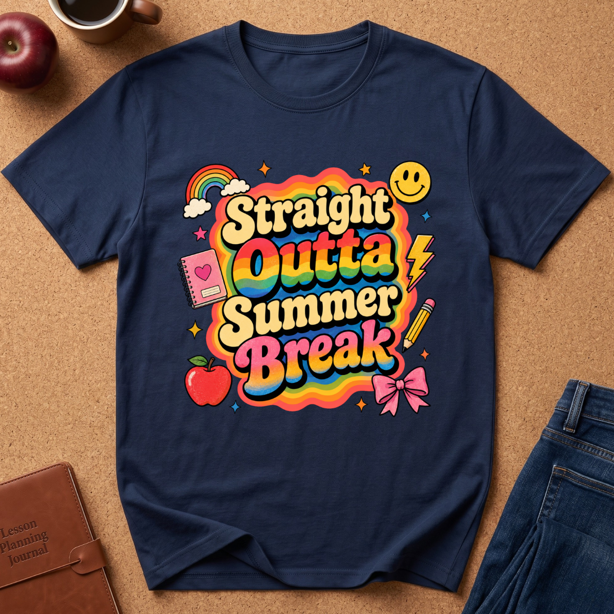 A navy blue graphic t-shirt laid flat on a brown cork background, surrounded by school-themed props like an apple, a coffee mug, a notebook, and jeans. The shirt features a colorful retro-style graphic that reads 'Straight Outta Summer Break' in wavy rainbow letters with a smiley face, rainbow, lightning bolt, pencil, notebook, apple, and bow details.
