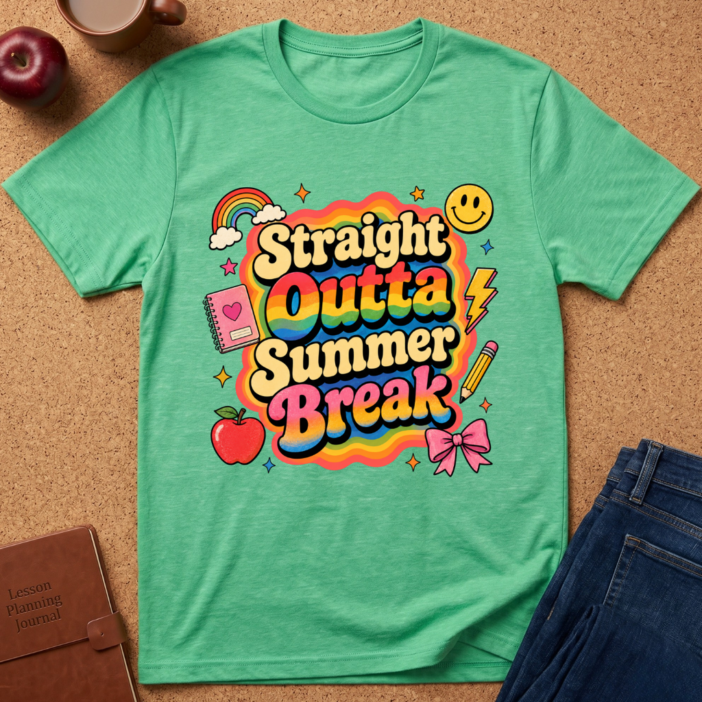 A mint green short-sleeve t-shirt with a colorful retro-style graphic reading 'Straight Outta Summer Break' in rainbow lettering, surrounded by school-themed doodles like a rainbow, smiley face, notebook, apple, pencil, and bow tie. The shirt is laid flat on a cork surface with partial props visible at the edges.