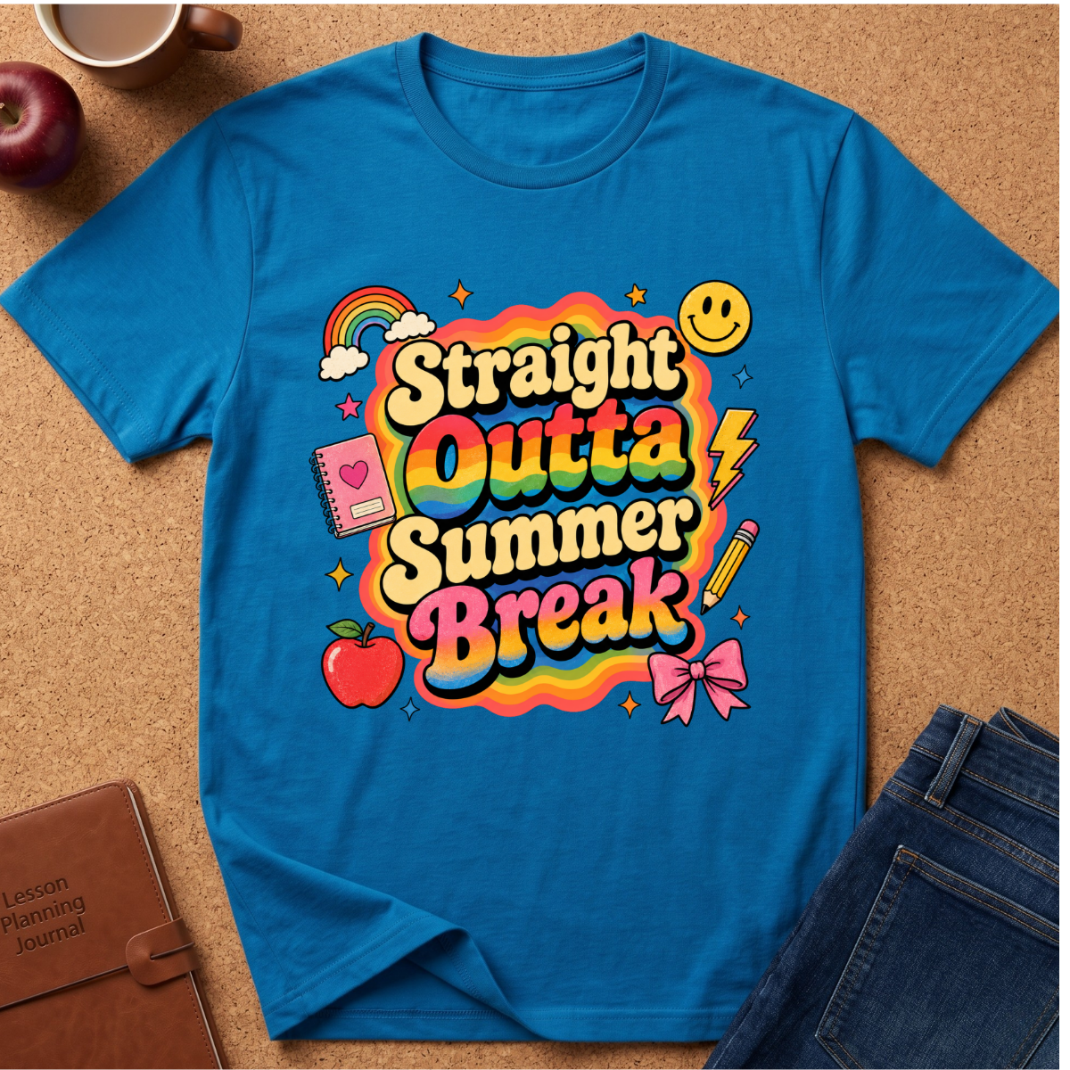 A bright blue graphic T-shirt laid flat on a cork surface, surrounded by styled props including an apple, coffee cup, notebook, and jeans. The shirt features a large colorful retro-style text graphic reading 'Straight Outta Summer Break' with rainbow, smiley face, lightning bolt, notebook, apple, pencil, and bow tie illustrations.