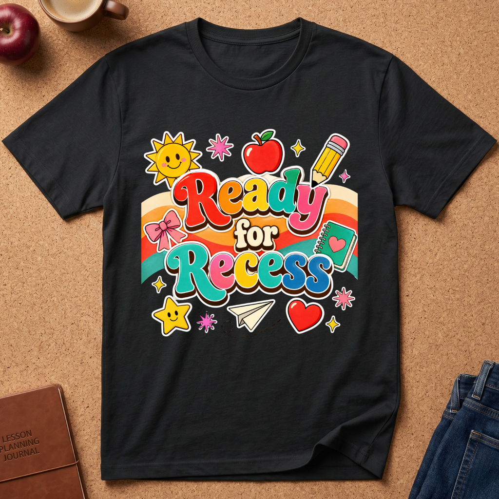 A black graphic t-shirt laid flat on a cork background, featuring a colorful retro-style 'Ready for Recess' design with school-themed illustrations like a sun, apple, pencil, and stars.