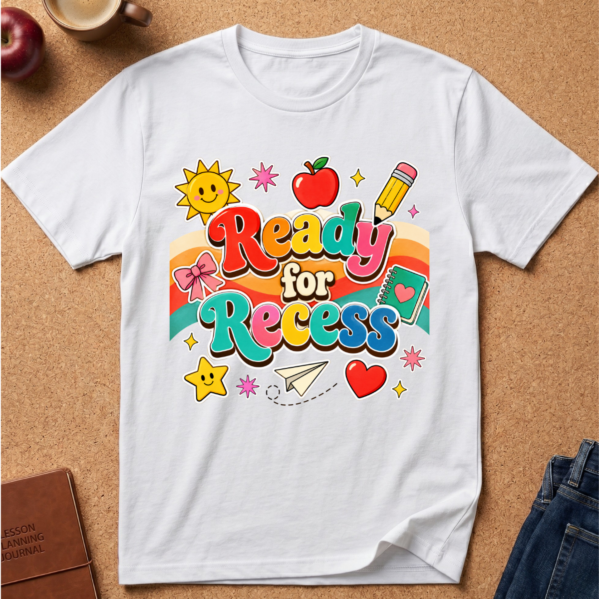 A white short-sleeve t-shirt with a colorful 'Ready for Recess' graphic print, laid flat on a cork background with school-themed props like an apple, a pencil, and a star.