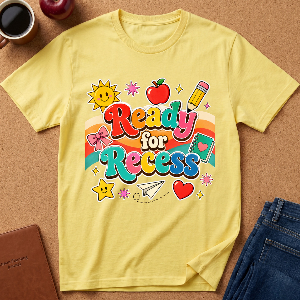 A yellow short-sleeve t-shirt with a colorful 'Ready for Recess' graphic, laid flat on a cork background with lifestyle props including a coffee mug, an apple, a notebook, and blue jeans.