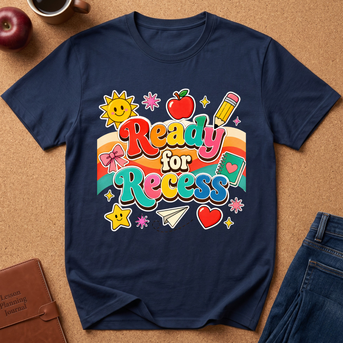 A navy blue graphic t-shirt laid flat on a brown cork background, featuring a colorful retro-style 'Ready for Recess' design with school-themed illustrations like a sun, apple, pencil, and stars. Styled flat-lay props include a brown journal, a red apple, a coffee mug, and blue jeans.