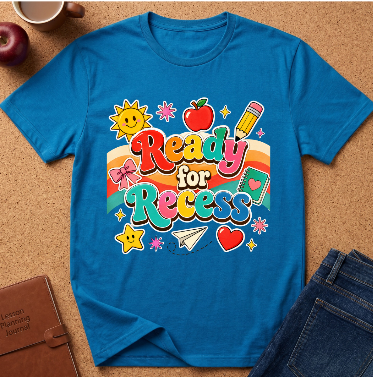A bright blue short-sleeve t-shirt with a colorful retro 'Ready for Recess' graphic, styled in a flat-lay on a cork background with an apple, coffee cup, notebook, and jeans.