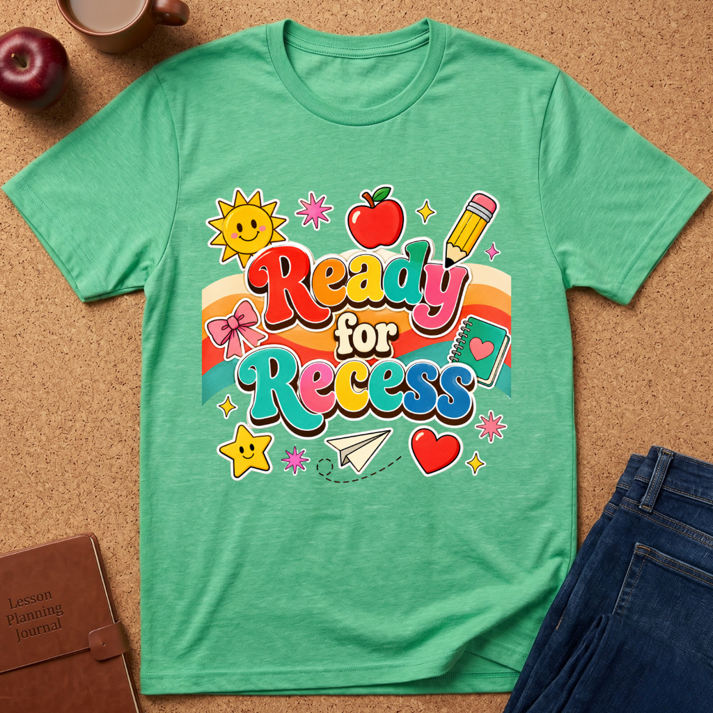A mint green short-sleeve t-shirt with a colorful retro graphic that reads 'Ready for Recess' surrounded by school-themed illustrations like a sun, apple, pencil, and star. The shirt is laid flat on a cork background with props including an apple, notebook, and jeans.