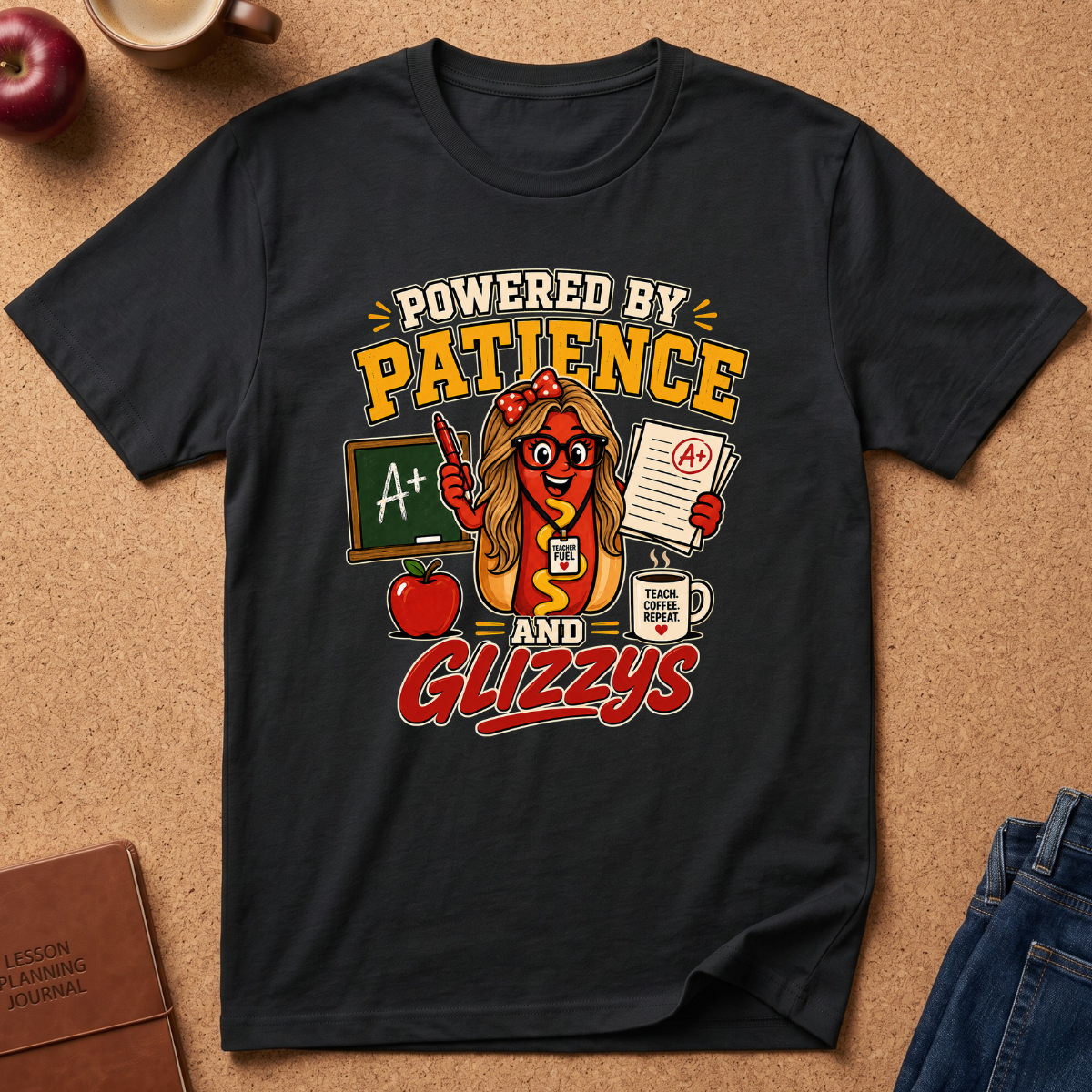 A black graphic t-shirt laid flat on a cork background, featuring a colorful cartoon design of a hot dog character wearing glasses and a lanyard, surrounded by school-themed items and the text 'POWERED BY PATIENCE AND GLIZZYS'.