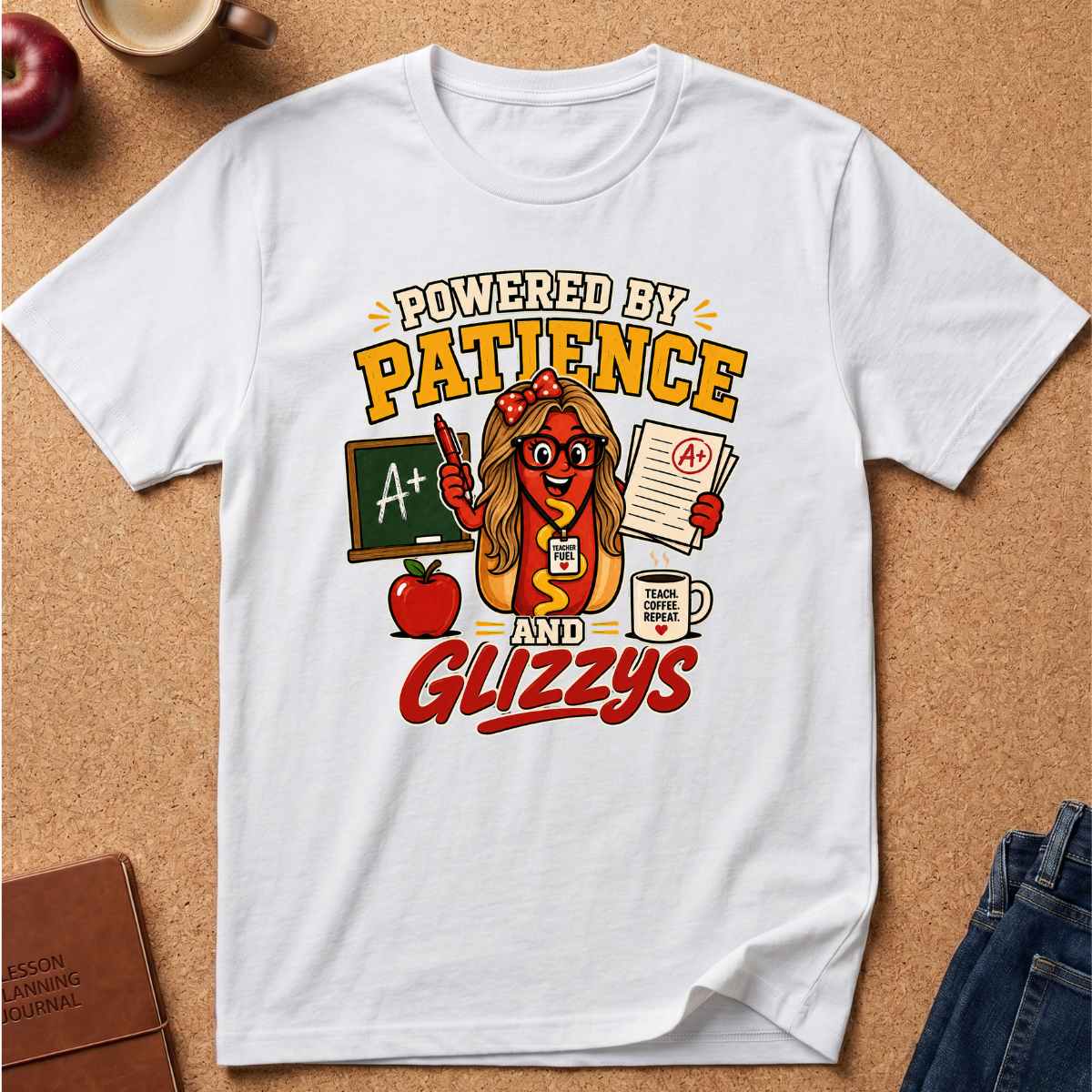 A white short-sleeve graphic T-shirt laid flat on a cork surface, surrounded by small styled props including an apple, a mug, a notebook, and folded jeans. The shirt features a large colorful front print with the text 'POWERED BY PATIENCE AND GLIZZYS' and an illustrated hot-dog character wearing glasses and holding a grade A paper.