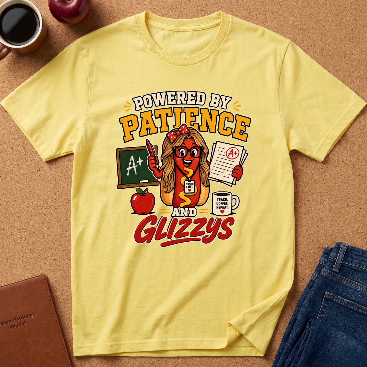 A yellow graphic t-shirt laid flat on a cork surface, surrounded by lifestyle props including a coffee mug, an apple, a notebook, and folded blue jeans. The t-shirt features a colorful cartoon graphic of a hot dog character wearing glasses and a lanyard, with the text 'POWERED BY PATIENCE AND GLIZZYS'.