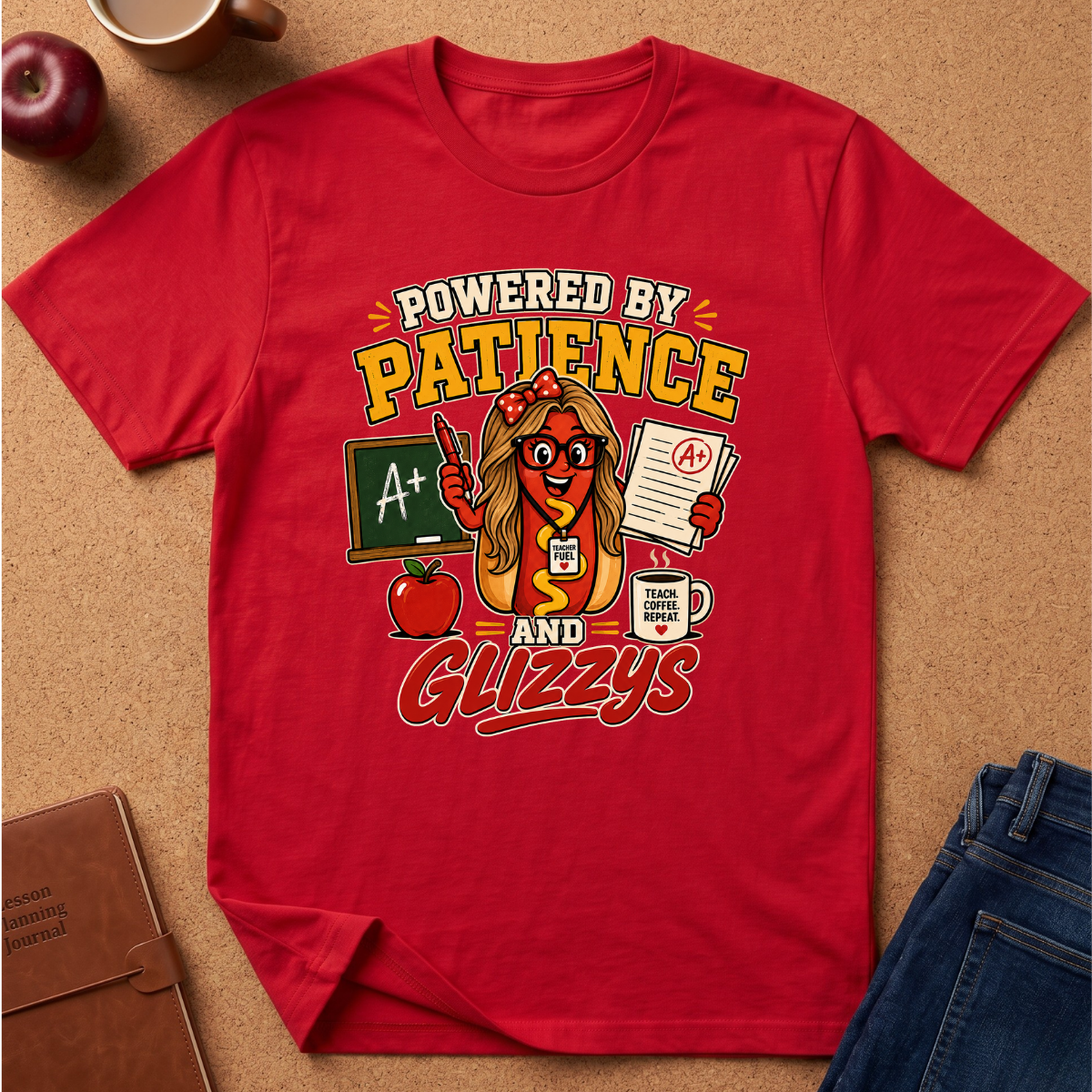 A red short-sleeve graphic T-shirt laid flat on a tan cork-like surface with school-themed props around it, including an apple, mug, notebook, and jeans. The shirt features a large colorful front print reading “POWERED BY PATIENCE AND GLIZZYS” with an illustrated hot dog character, chalkboard, apple, coffee mug, and papers.