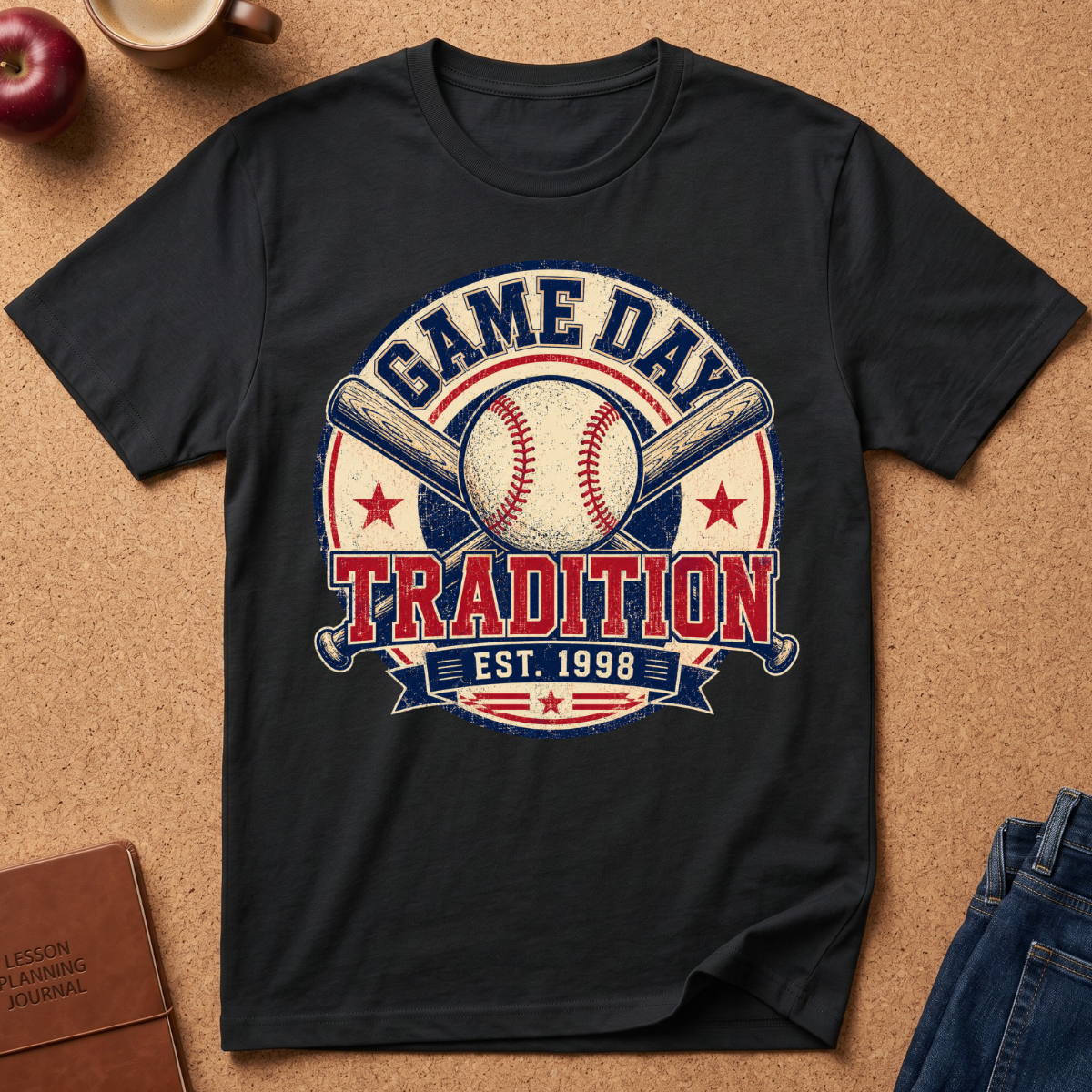 A black  short-sleeve graphic T-shirt laid flat on a tan cork-like surface, featuring a baseball-themed circular print with the words “GAME DAY TRADITION EST. 1998,” crossed bats, a baseball, and stars.