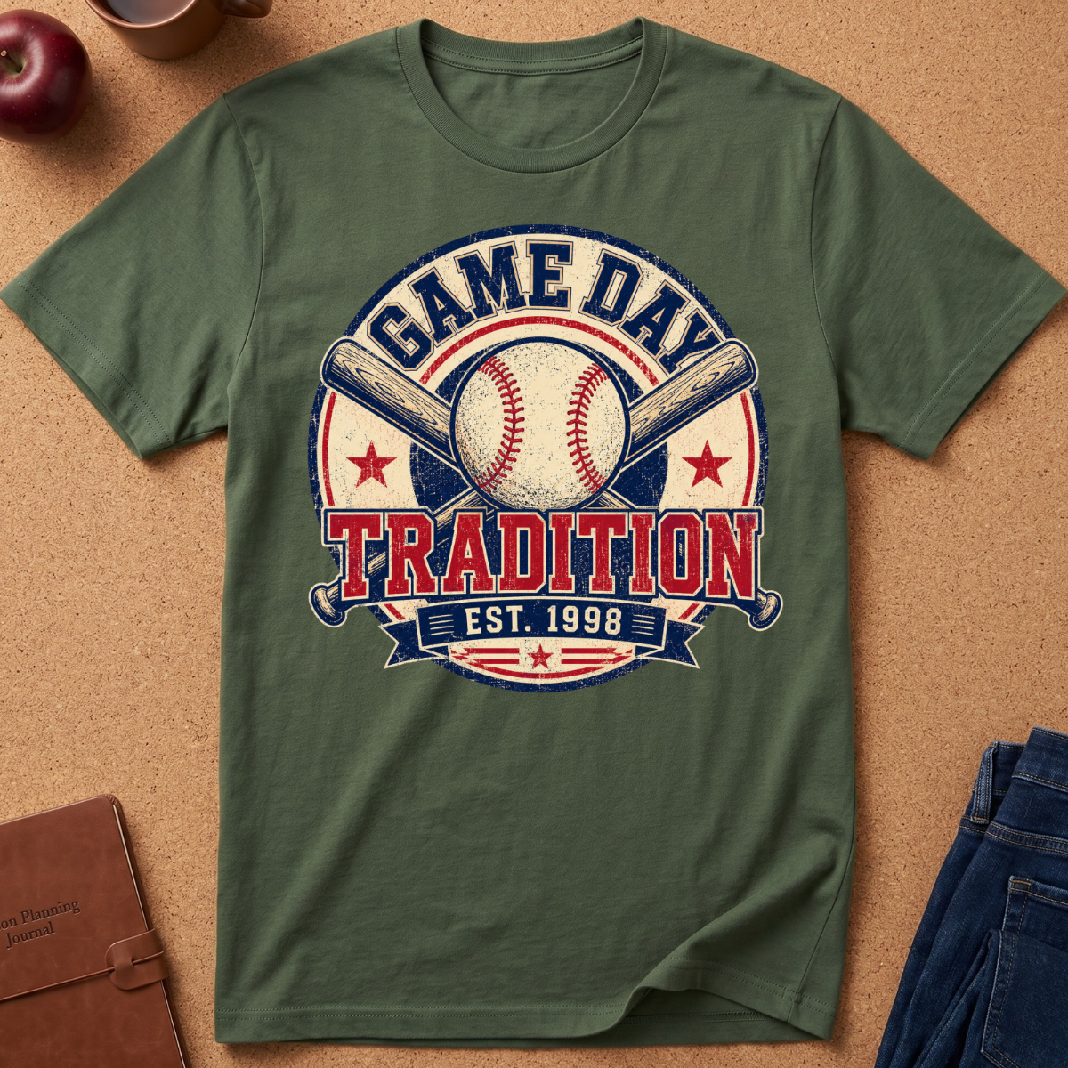 AMilitary green  short-sleeve graphic T-shirt laid flat on a tan cork-like surface, featuring a baseball-themed circular print with the words “GAME DAY TRADITION EST. 1998,” crossed bats, a baseball, and stars.