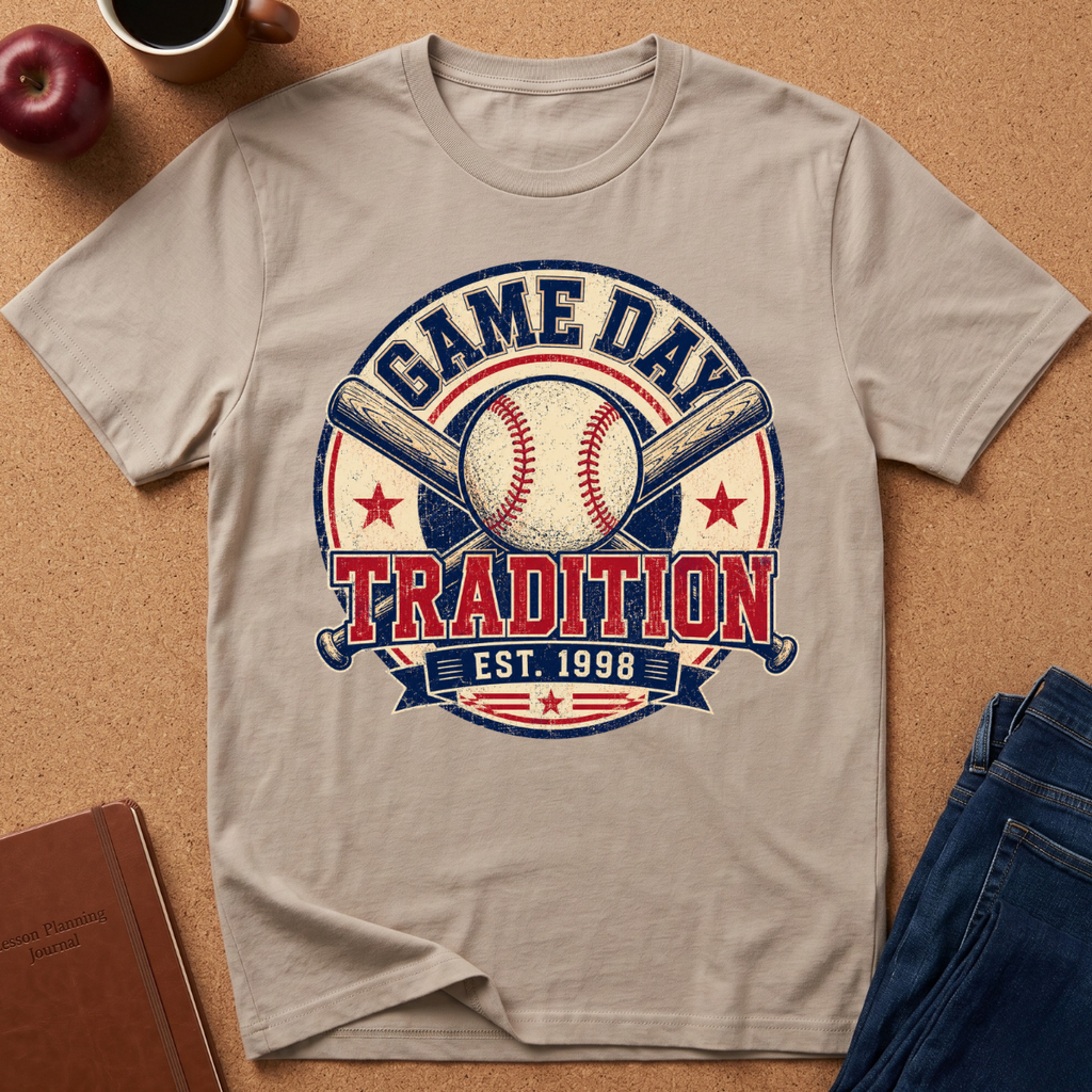 A Sand colored  short-sleeve graphic T-shirt laid flat on a tan cork-like surface, featuring a baseball-themed circular print with the words “GAME DAY TRADITION EST. 1998,” crossed bats, a baseball, and stars.