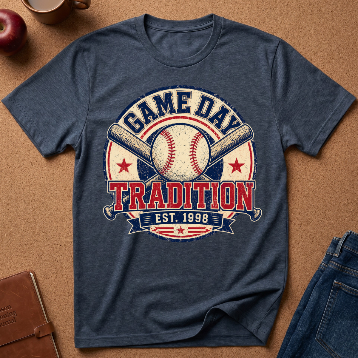 A navy blue heathered graphic t-shirt laid flat on a brown cork background, featuring a distressed baseball design with the text 'GAME DAY TRADITION EST. 1998'.