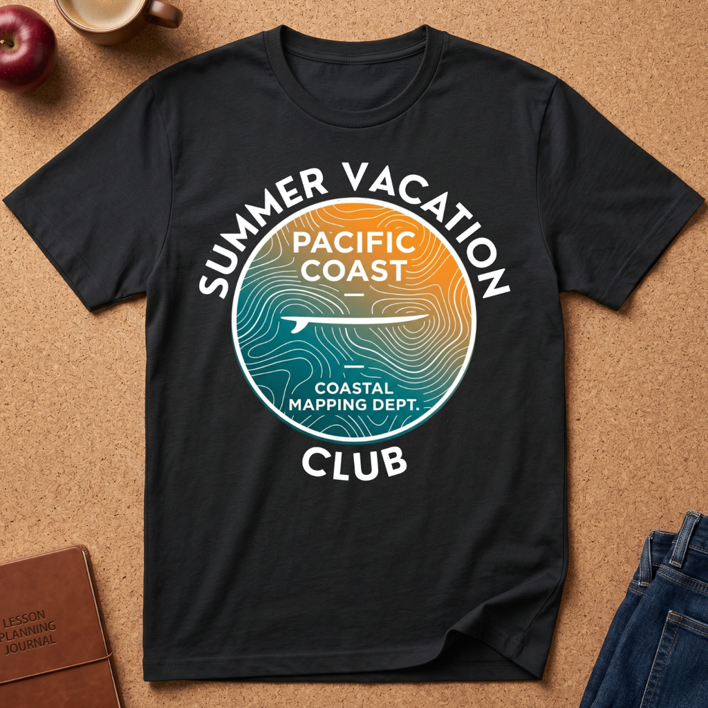 A black short-sleeve graphic T-shirt laid flat on a cork surface, featuring a circular coastal map design with the words “SUMMER VACATION PACIFIC COAST CLUB” and “COASTAL MAPPING DEPT.” The shirt is styled with an apple, mug, journal, and jeans nearby.