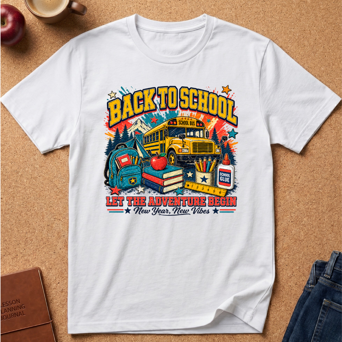 A white short-sleeve graphic T-shirt laid flat on a cork background, featuring a colorful 'Back to School' school bus illustration with books, an apple, pencils, and the text 'Let the adventure begin New Year, New Vibes.'.