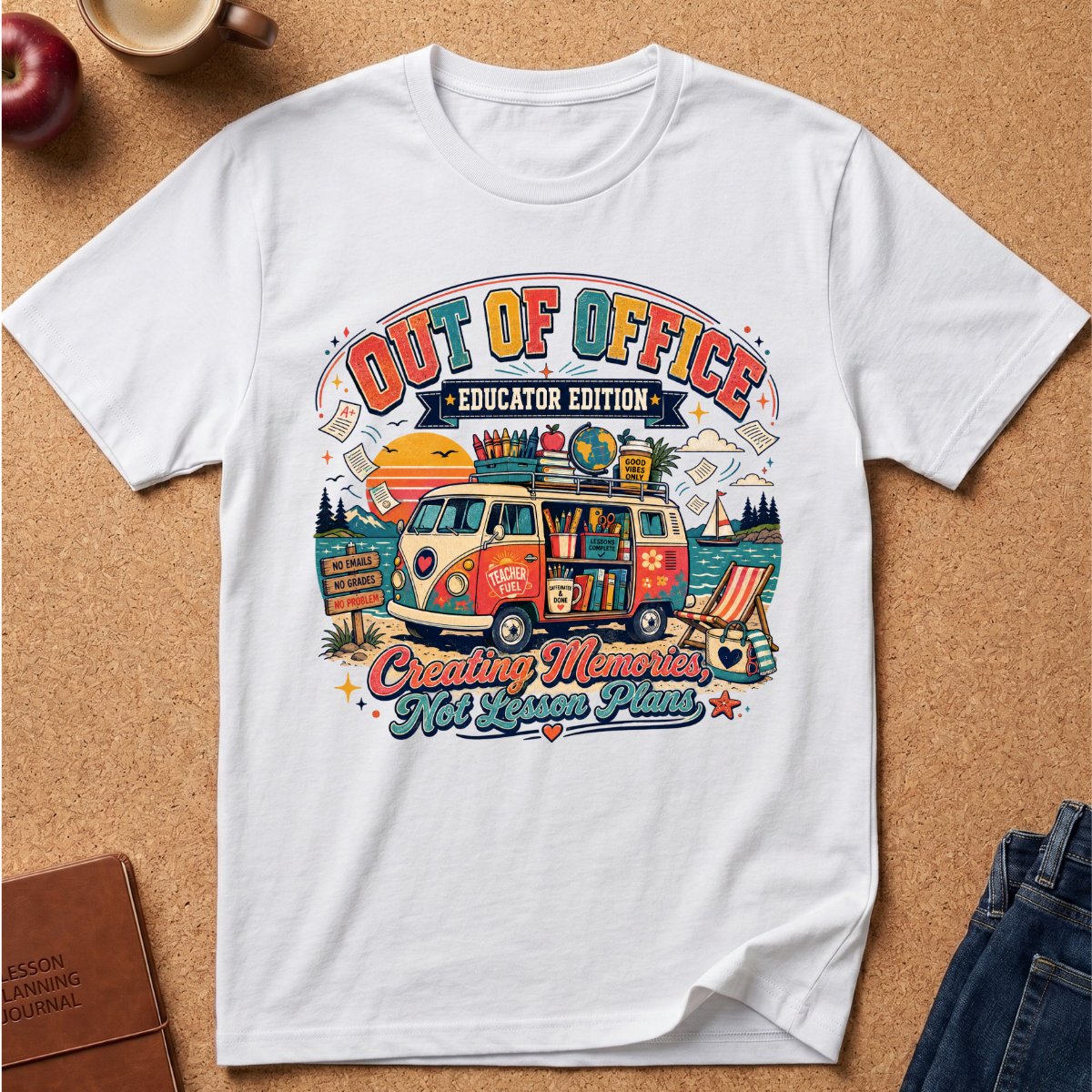A white short-sleeve graphic T-shirt laid flat on a cork surface, featuring a colorful retro illustration of a VW bus with surfboards and the text 'OUT OF OFFICE EDUCATOR EDITION' and 'Creating Memories Not Lesson Plans.' Styled props including an apple, a mug, a notebook, and jeans are partially visible around the shirt.