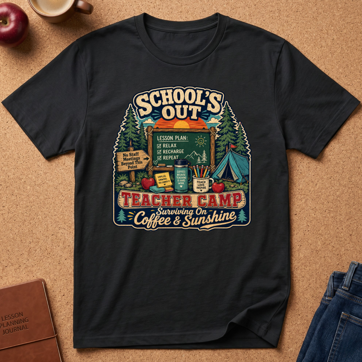 A black short-sleeve graphic T-shirt laid flat on a cork background, featuring a colorful retro teacher-themed campsite illustration with the text 'SCHOOL'S OUT' and 'TEACHER CAMP Surviving On Coffee & Sunshine.' Surrounding props include an apple, a mug, a journal, and folded jeans.