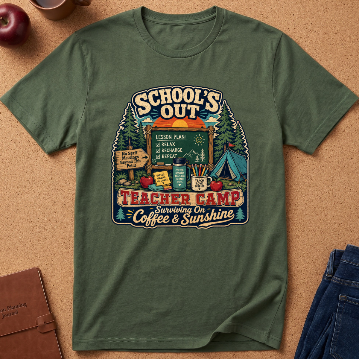 An olive green short-sleeve t-shirt with a colorful retro graphic on the chest that reads 'SCHOOL'S OUT TEACHER CAMP Surviving On Coffee & Sunshine'. The shirt is displayed flat on a cork background with styled props including an apple, a notebook, and jeans.