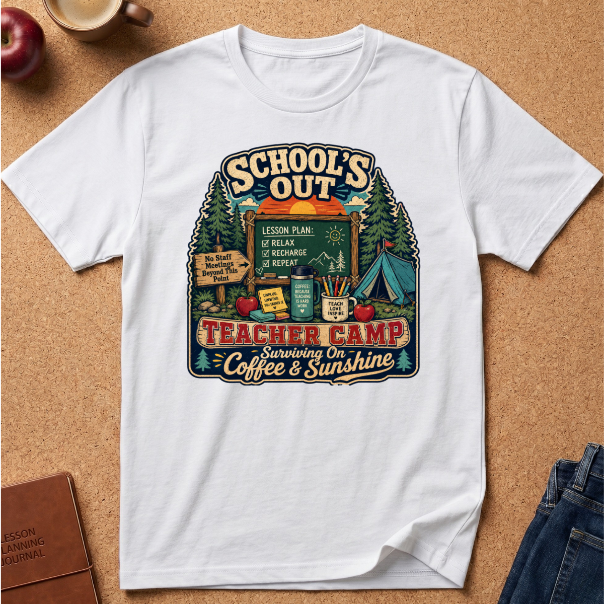A white short-sleeve crewneck t-shirt laid flat on a cork background, featuring a colorful graphic design with camping and school-themed illustrations and the text 'SCHOOL'S OUT TEACHER CAMP Surviving On Coffee & Sunshine'.