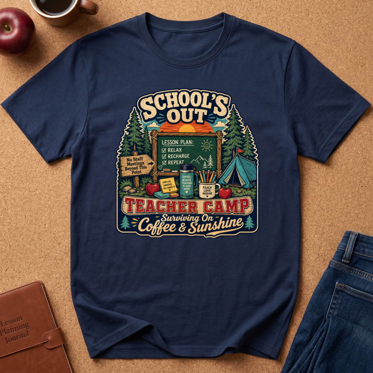 A navy blue graphic t-shirt laid flat on a cork background, surrounded by lifestyle props including an apple, a coffee mug, a leather journal, and blue jeans. The t-shirt features a colorful retro-style graphic with the text 'SCHOOL'S OUT' and 'TEACHER CAMP Surviving On Coffee & Sunshine' with illustrations of a campfire, tent, and trees.