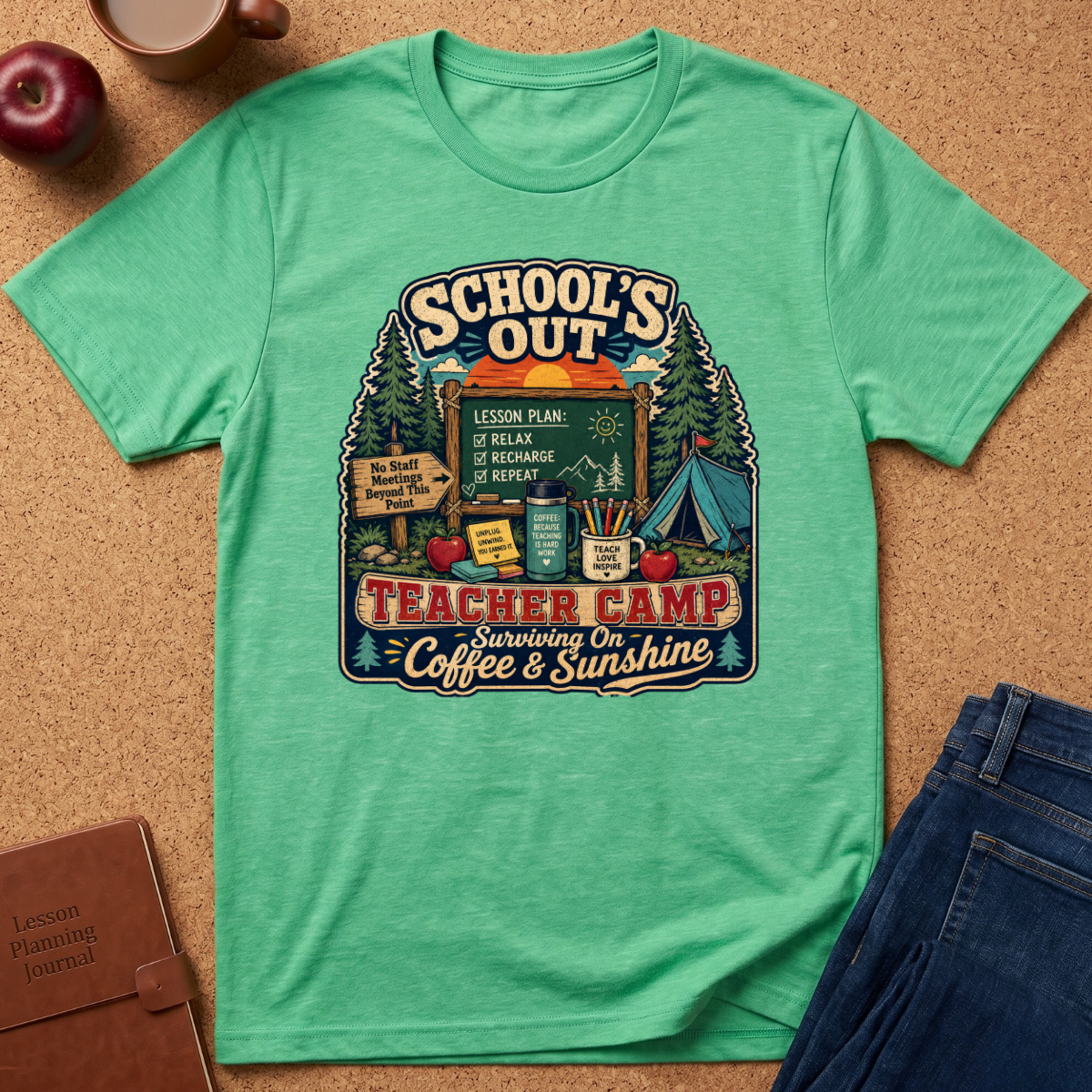 A mint green heathered graphic t-shirt laid flat on a cork background, styled with an apple, coffee mug, brown leather journal, and blue jeans. The t-shirt features a colorful retro-style graphic with camping and school-themed illustrations and text reading 'SCHOOL'S OUT TEACHER CAMP Surviving On Coffee & Sunshine'.