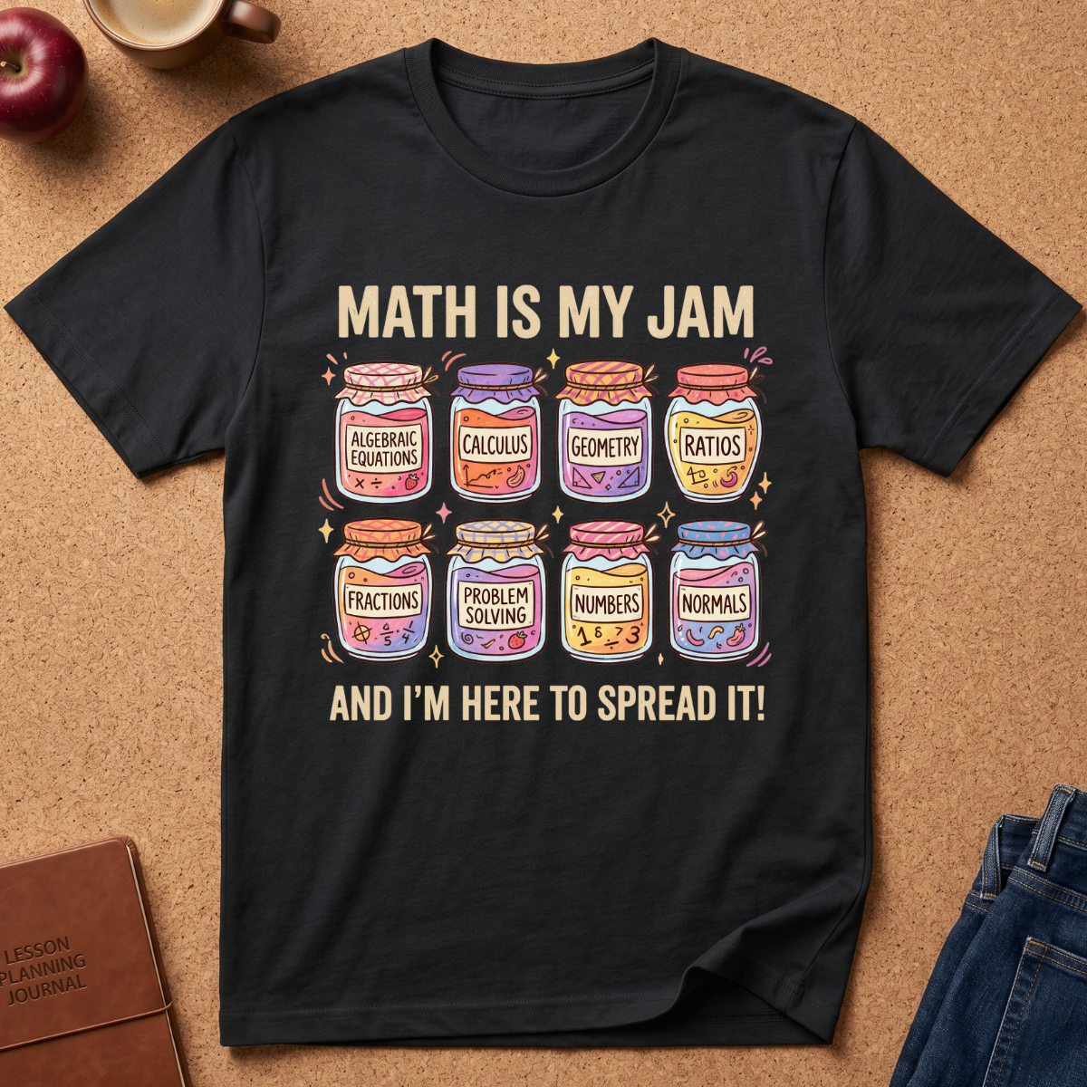 A black graphic t-shirt laid flat on a brown cork background, featuring the text 'MATH IS MY JAM AND I'M HERE TO SPREAD IT!' above and below an illustration of eight colorful math-themed jars labeled Algebraic Equations, Calculus, Geometry, Ratios, Fractions, Problem Solving, Numbers, and Normals.