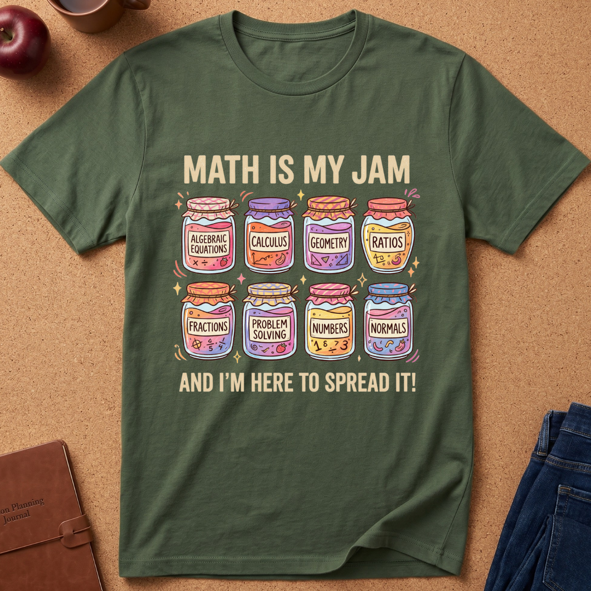 An olive green graphic t-shirt laid flat on a cork background. The shirt features a humorous math-themed design with the text 'MATH IS MY JAM' and 'AND I'M HERE TO SPREAD IT!' surrounding an illustration of eight colorful jars labeled Algebraic Equations, Calculus, Geometry, Ratios, Fractions, Problem Solving, Numbers, and Normals.
