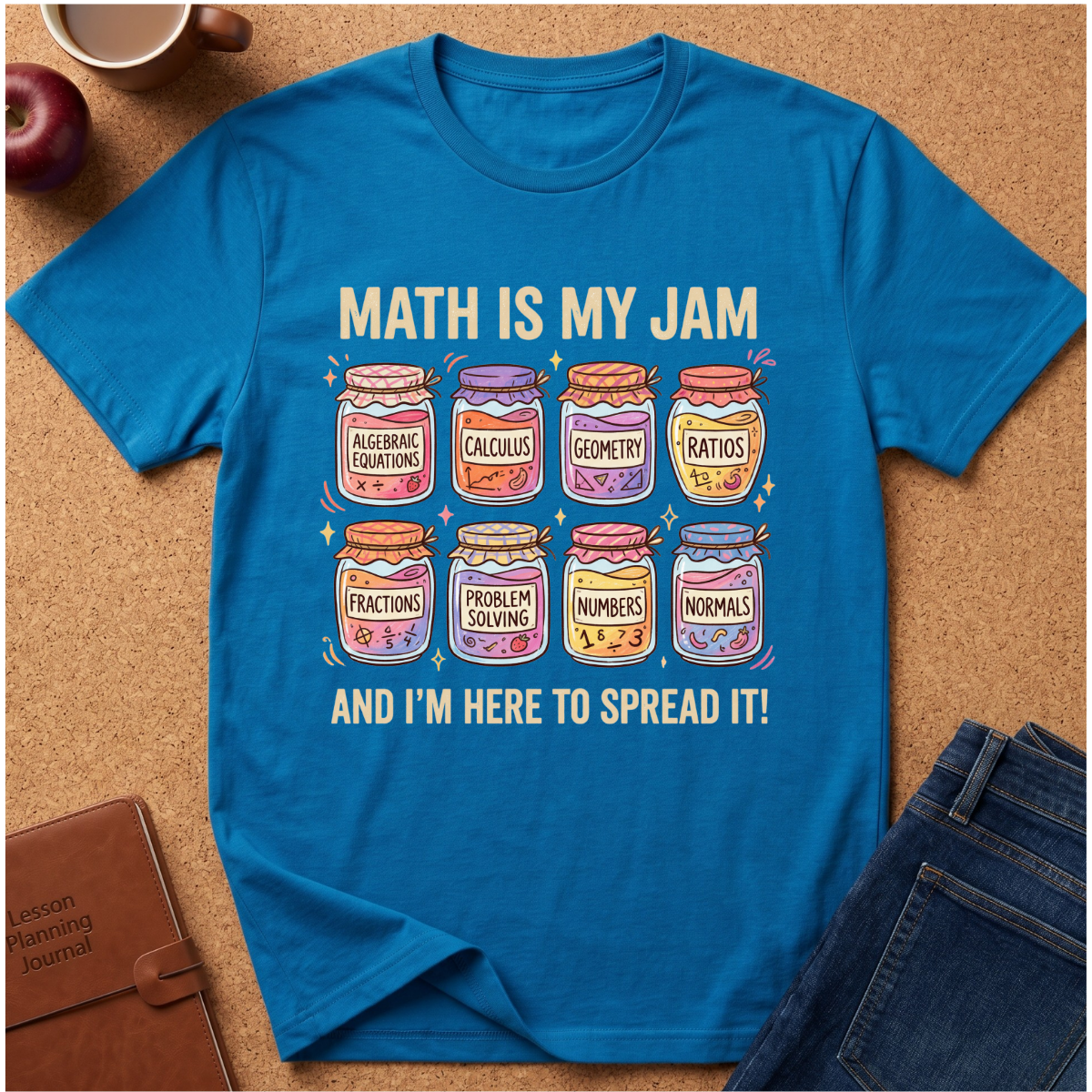 A bright blue graphic t-shirt laid flat on a cork background, surrounded by lifestyle props including an apple, a coffee cup, a notebook, and jeans. The t-shirt features a colorful graphic of math jars with labels like 'Algebraic Equations', 'Calculus', 'Geometry', and 'Ratios' with the text 'MATH IS MY JAM' and 'AND I'M HERE TO SPREAD IT!'.