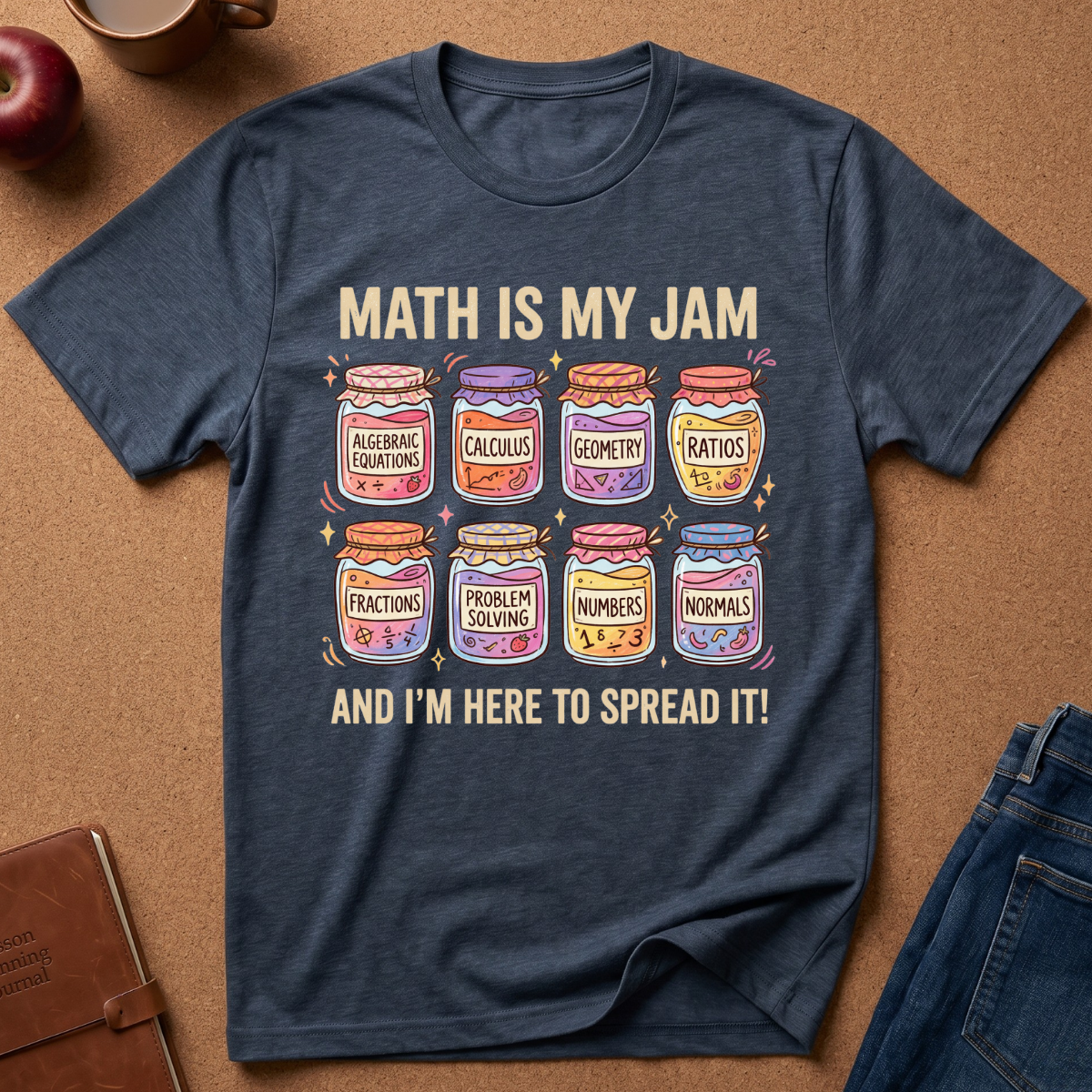 A navy blue graphic t-shirt laid flat on a brown cork background, featuring the text 'MATH IS MY JAM' and 'AND I'M HERE TO SPREAD IT!' with colorful illustrated jars labeled Algebraic Equations, Calculus, Geometry, Ratios, Fractions, Problem Solving, Numbers, and Normals.