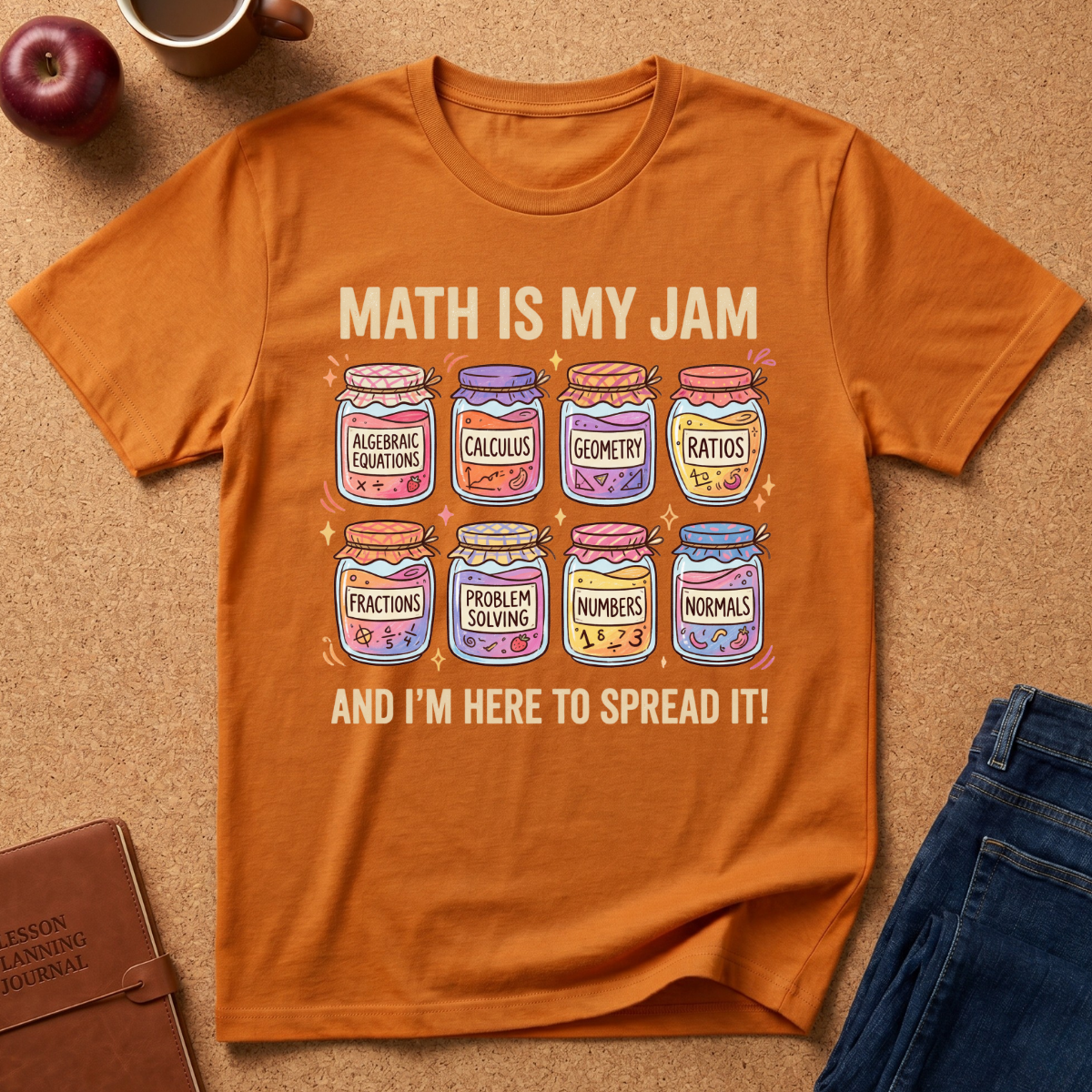 An orange graphic t-shirt laid flat on a brown cork surface, surrounded by lifestyle props including a brown leather journal, a red apple, a coffee mug, and blue jeans. The t-shirt features a colorful graphic of math jars with the text 'MATH IS MY JAM' and 'AND I'M HERE TO SPREAD IT!'.