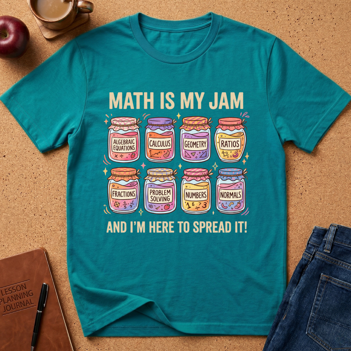 A teal graphic t-shirt laid flat on a cork surface, surrounded by lifestyle props including an apple, a coffee cup, a journal, and jeans. The shirt features a colorful math-themed graphic with text reading 'MATH IS MY JAM AND I'M HERE TO SPREAD IT!'.